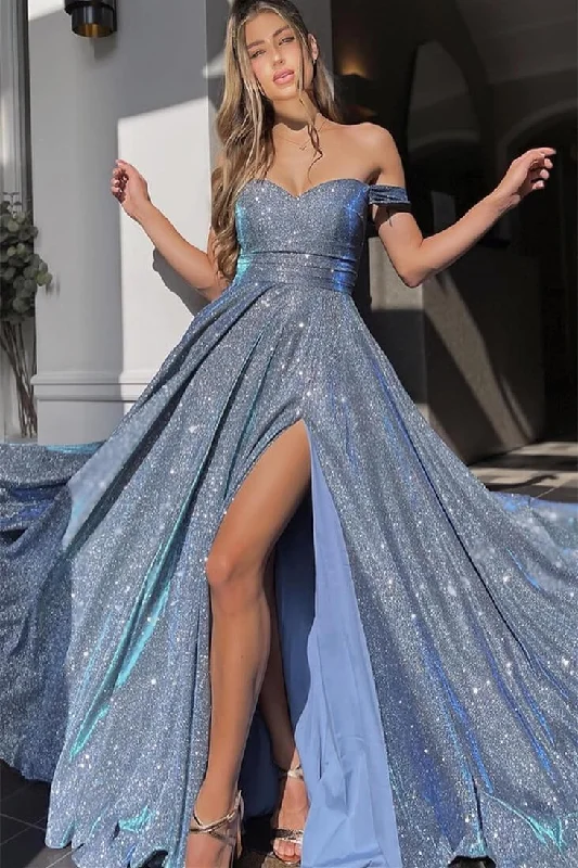 Charming Floor Length Sweetheart Off-The-Shoulder A Line Sequined Prom Dress with Split Charming Floor Length Sweetheart Off-The-Shoulder A Line Sequined Prom Dress with Split