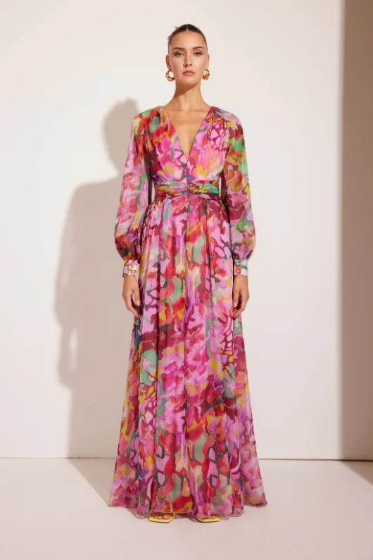 Flower Print Long Chiffon Dress