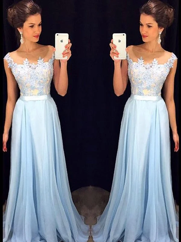 A-Line/Elegant Sleeveless Sheer Neck Applique Chiffon Prom Dresses