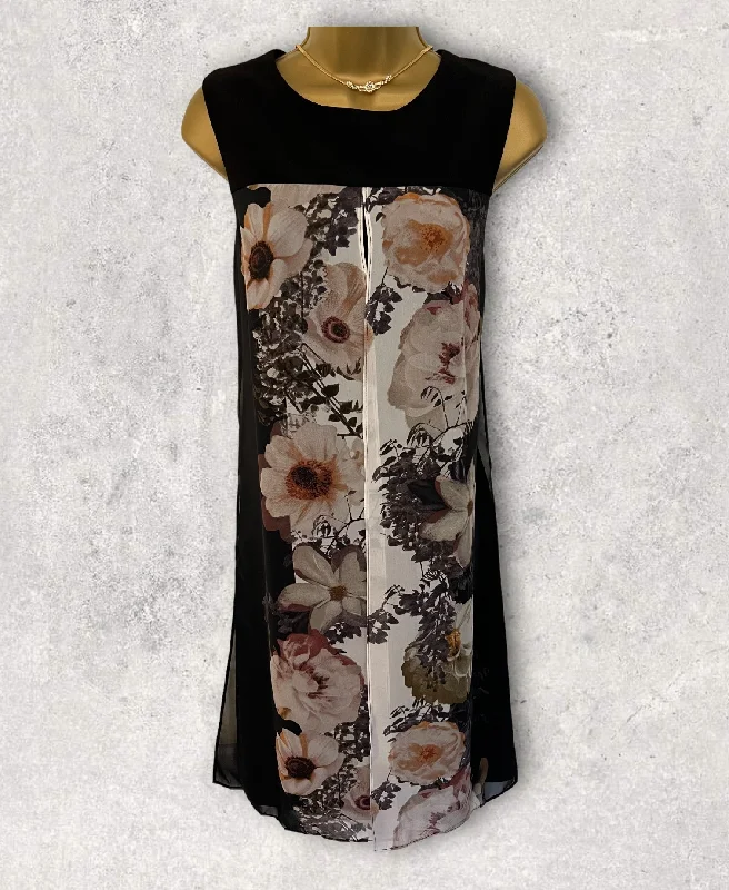Frank Lyman Floral Chiffon Overlay Shift Dress, Black UK 12 US 8 EU 40