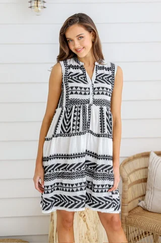 Sleeveless Mediterranean Dress - Black White