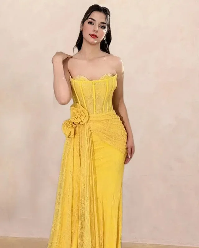 Mermaid Yellow Lace Strapless Split Dress