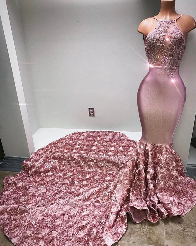 Glamorous Halter Mermaid Pink Prom Dress Lace With 3D-Floral Flowers Bottom