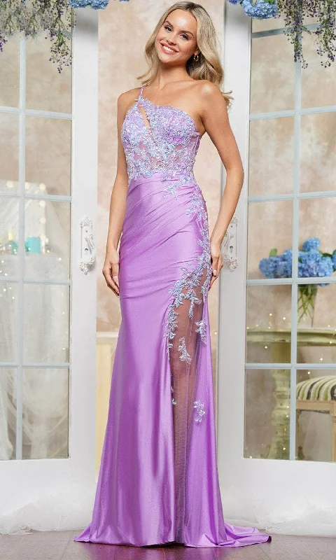 Colors Dress 3513 - Asymmetric Lace Appliqued Prom Gown