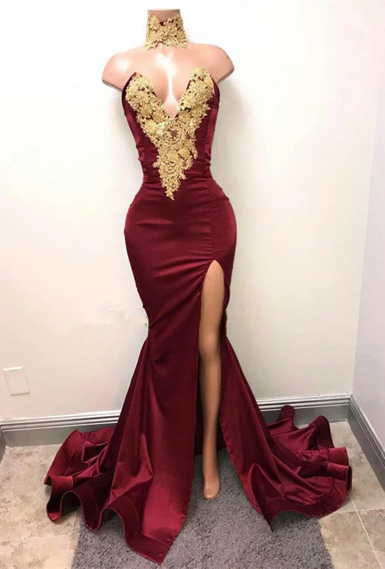Front-Split High Neck Mermaid Burgundy Lace Appliques Prom Dresses
