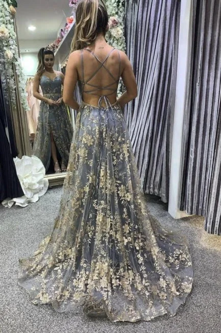 Sexy Spaghetti Straps Sweetheart Aline Prom Dress Floral Lace Evening Dress with Side Slit