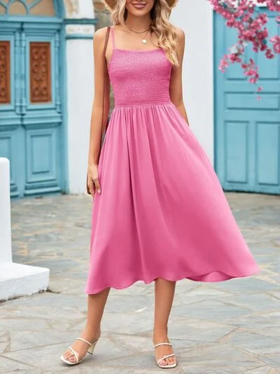 Smocked Square Neck Midi Cami Dress