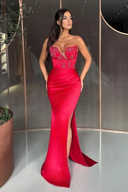Column Sweetheart Floor-Length Split Front Stain Sleeveless Prom Dresses with Beadings Column Sweetheart Floor-Length Split Front Stain Sleeveless Prom Dresses with Beadings