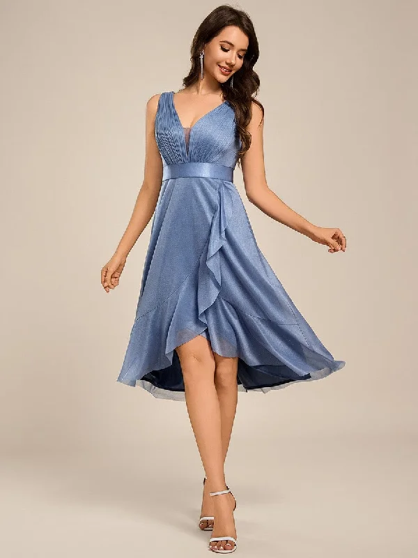 Glitter Sleeveless Deep V-Neck A-Line Midi Wedding Guest Dress