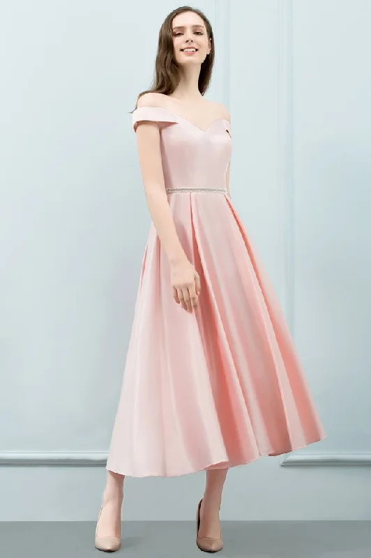 Tea Length Pink A-line Off-shoulder Prom Dresses with Sash