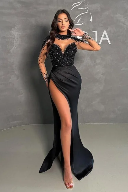 Black Split Front Halter Sweetheart Floor-Length Long Sleeves Stain Prom Dresses with Beadings Black Split Front Halter Sweetheart Floor-Length Long Sleeves Stain Prom Dresses with Beadings