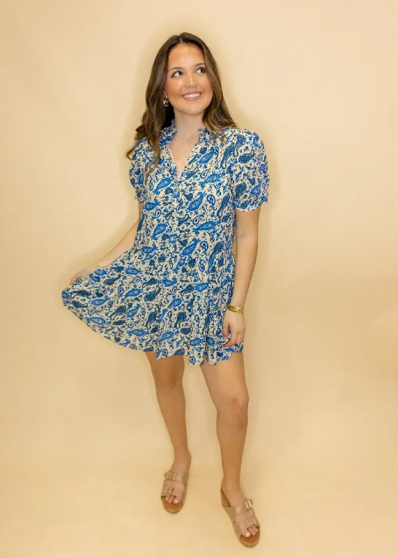 Blue Paisley Print Ruffle Dress
