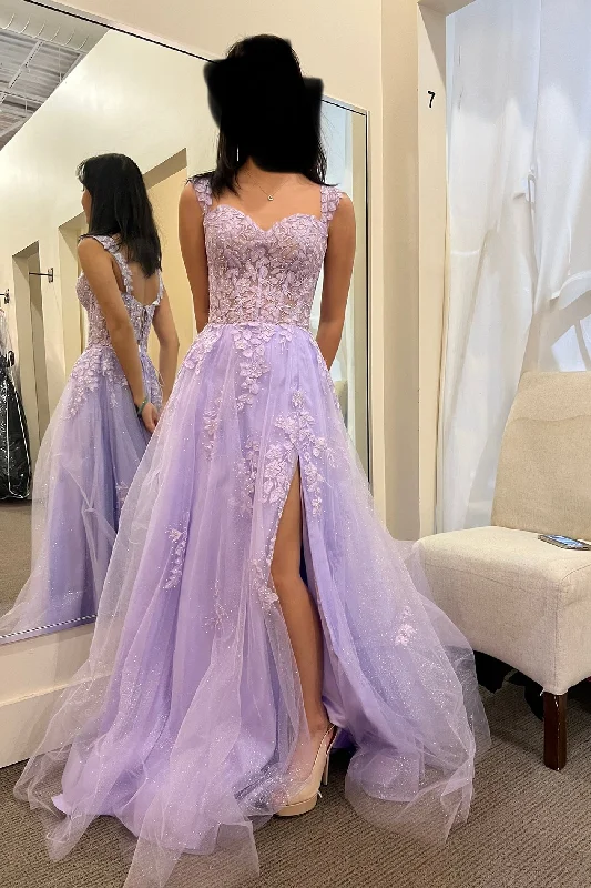 Elegant Appliques Lace A-Line Tulle Floor-length Prom Dress With Side Slit