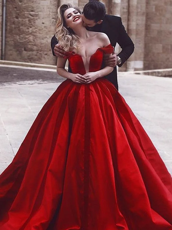 Ball Gown Sleeveless Off-the-Shoulder Ruffles Satin Prom Dresses