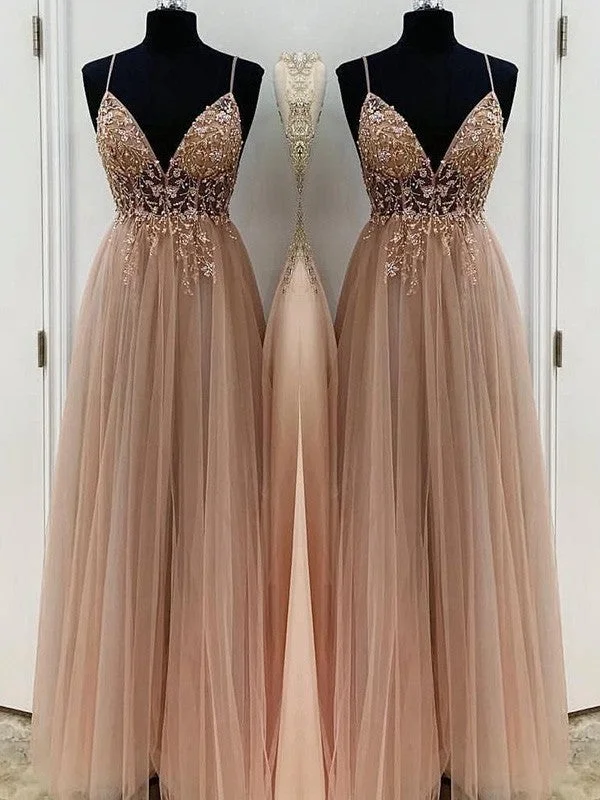 A-Line/Elegant Beading Tulle Spaghetti Straps Sleeveless Floor-Length Prom Dresses