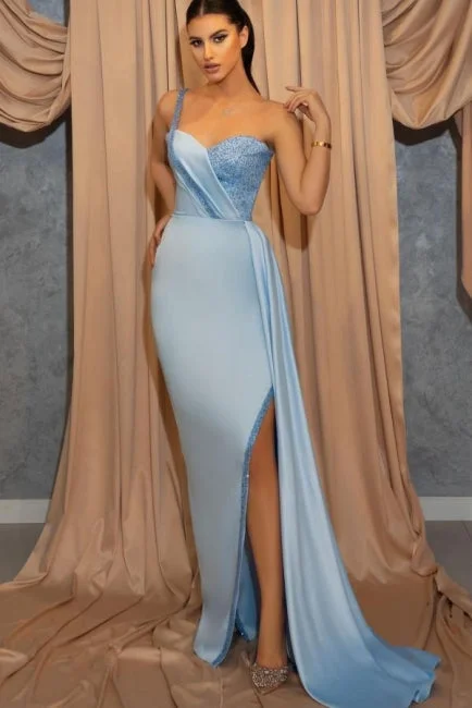 One Shoulder Sequins Sweetheart Sheath Split Prom Dress With Side Train