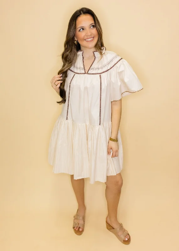 Ivory Poplin Stitch Detail Dress