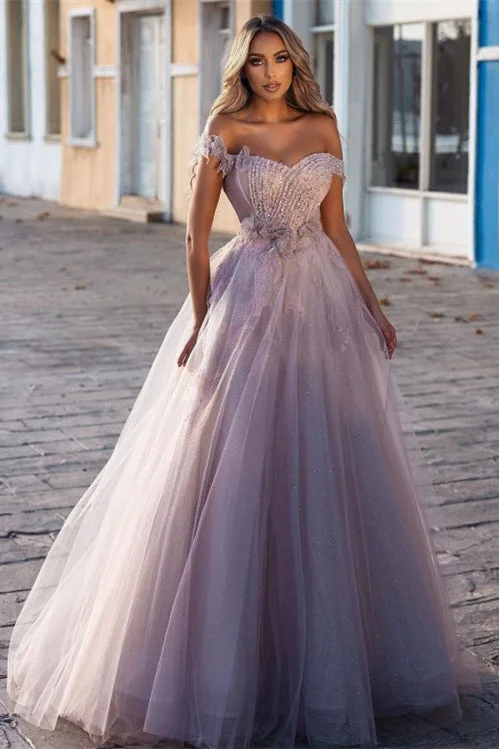 Gorgeous A-line Off-the-shoulder Tulle Prom Dress With Beads