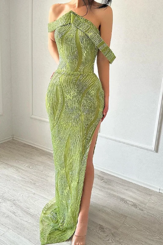 Beautiful Mermaid Sleeveless Satin Sequined Split Limegreen Prom Dress