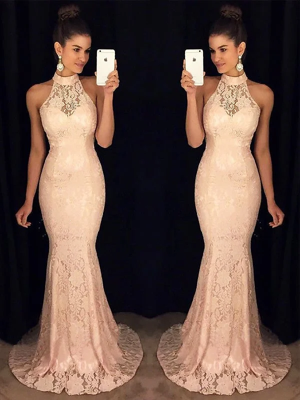 Gorgeous Mermaid High Neck Sleeveless Ruffles Lace Prom Dresses
