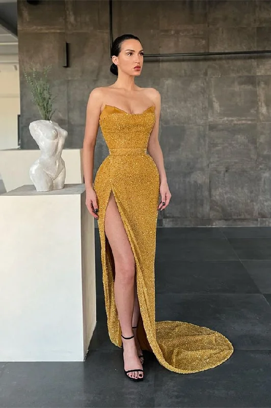Sexy Yellow Sleeveless Mermaid Prom Dress With Side Slit