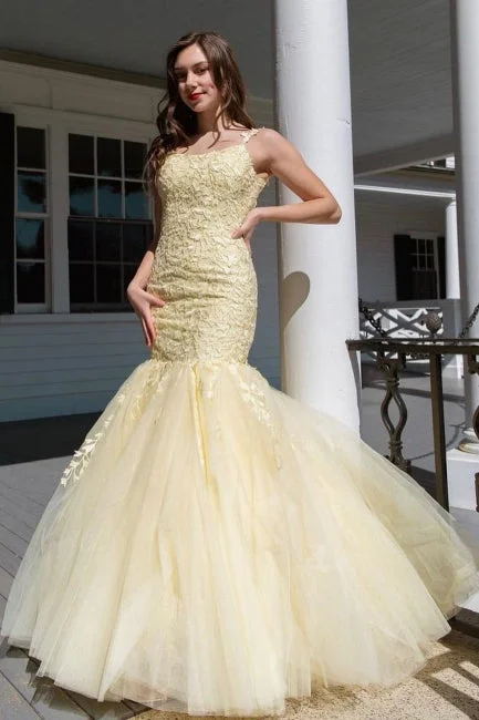 Nectarean Appliques Lace Square Neckline Spaghetti Straps Sleeveless Floor-length Mermaid Prom Dresses
