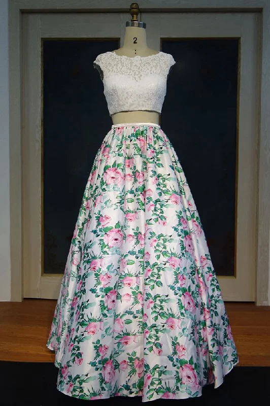 Cap Sleeves Lace Top A-line Two-piece Printed Flowers Prom Dresses