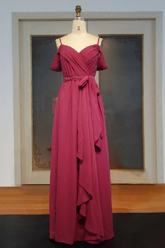 Sweetheart Spaghetti A-line Floor Length Ruffled Chiffon Prom Dresses with Bow Sash