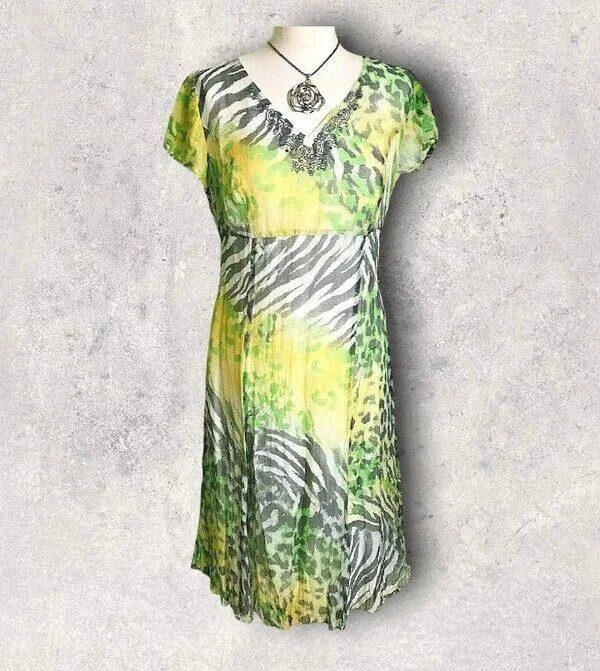 Gerry Weber Grey Lemon Embroidered Beaded Silk Empire Dress UK 18 US 14 EU 46