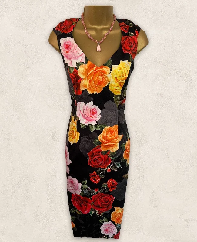Michaela Louisa Multicoloured Rose Stretch Cotton Dress UK 10 US 6 EU 38