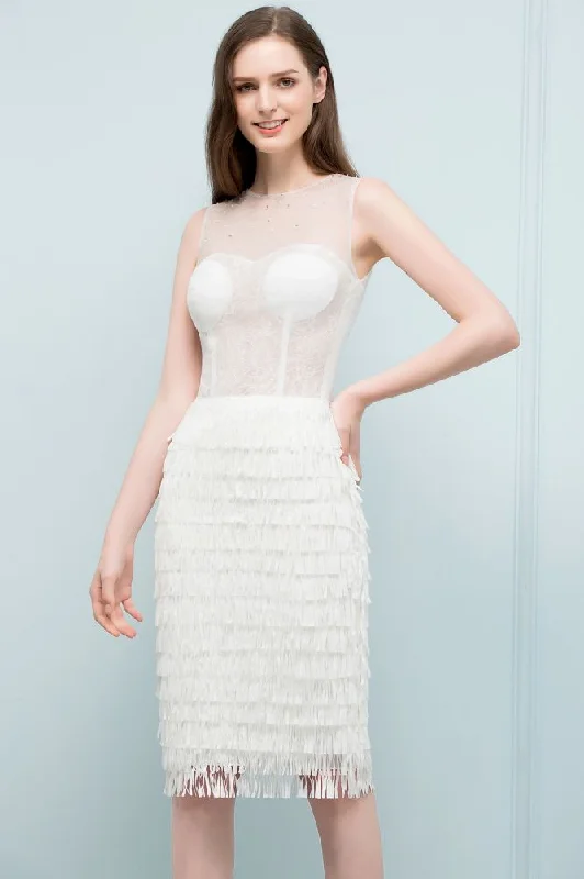 Crew Knee Length Mermaid Sleeveless Prom Dresses with Tassels