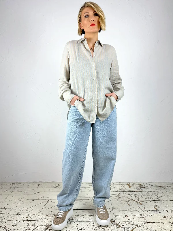 'Elinda' Stripe Linen and Cotton Blend Shirt Fashionable Pleated Short Shirt