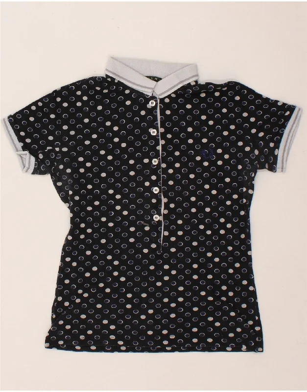 FRED PERRY Womens Polo Shirt UK 12 Medium Black Spotted Cotton Fashionable Rounded Short Shirt FRED PERRY Womens Polo Shirt UK 12 Medium Black Spotted Cotton Fashionable Rounded Short Shirt