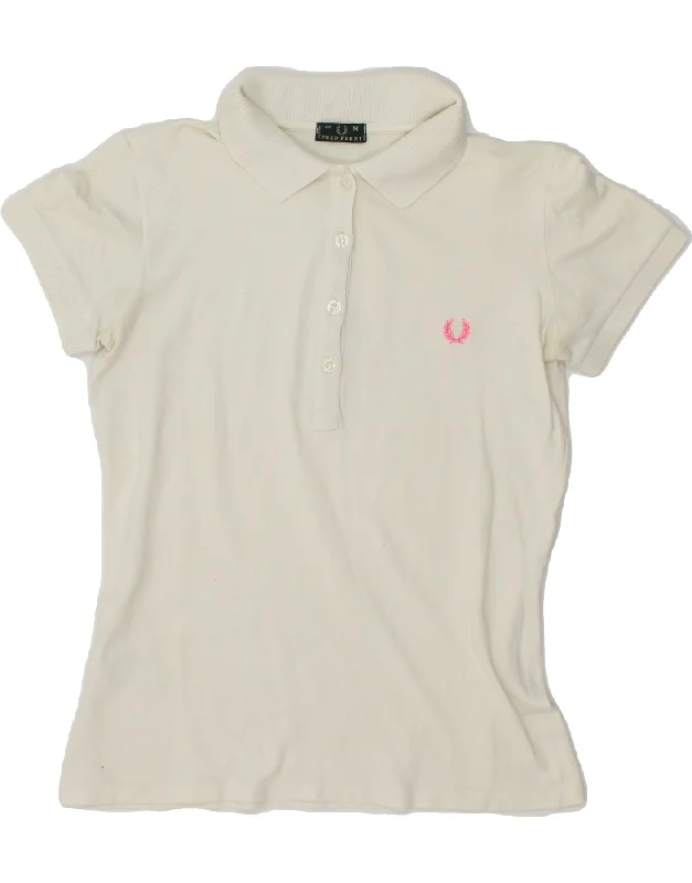 FRED PERRY Womens Polo Shirt UK 12 Medium White Cotton Fashionable Plaid Short Sleeve FRED PERRY Womens Polo Shirt UK 12 Medium White Cotton Fashionable Plaid Short Sleeve