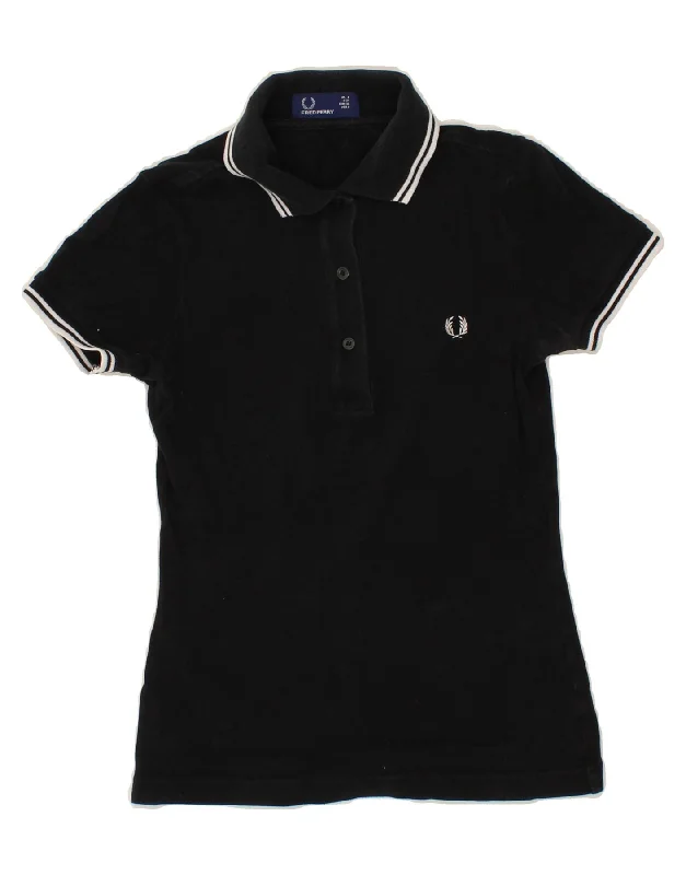 FRED PERRY Womens Polo Shirt UK 8 Medium Black Cotton Cozy Striped Short Sleeve