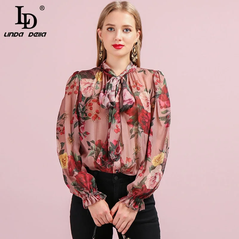 LD LINDA DELLA Runway Fashion Autumn Silk Shirt Women's Butterfly Sleeve Floral Printed Bowknot Elegant Vintage Loose Blouse Relaxed Fit Short Blouse LD LINDA DELLA Runway Fashion Autumn Silk Shirt Women's Butterfly Sleeve Floral Printed Bowknot Elegant Vintage Loose Blouse Relaxed Fit Short Blouse