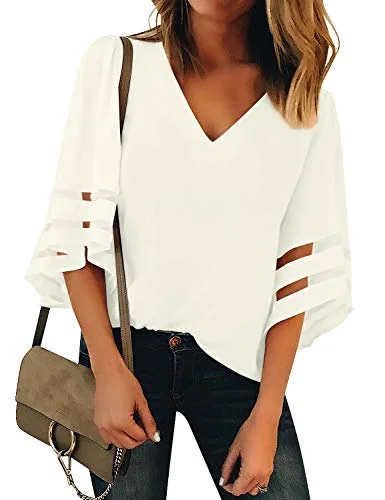 LookbookStore Women's Beige V Neck Casual Mesh Panel Blouse 3/4 Bell Sleeve Solid Color Loose Top Shirt Size S(US 4-6) at Amazon Womenâs Clothing store: Comfortable Summer Short Shirt LookbookStore Women's Beige V Neck Casual Mesh Panel Blouse 3/4 Bell Sleeve Solid Color Loose Top Shirt Size S(US 4-6) at Amazon Womenâs Clothing store: Comfortable Summer Short Shirt