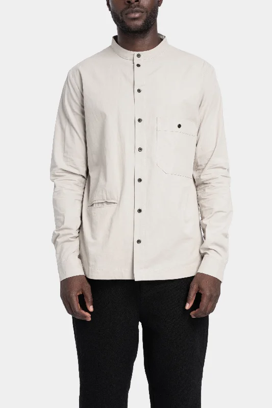 Mandarin collar shirt, Grey Fashionable Button-Front Short Sleeve