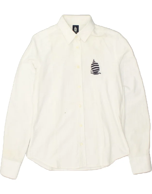 MARINA YACHTING Womens Shirt UK 10 Small White Cotton Stylish Crew Neck Shirt