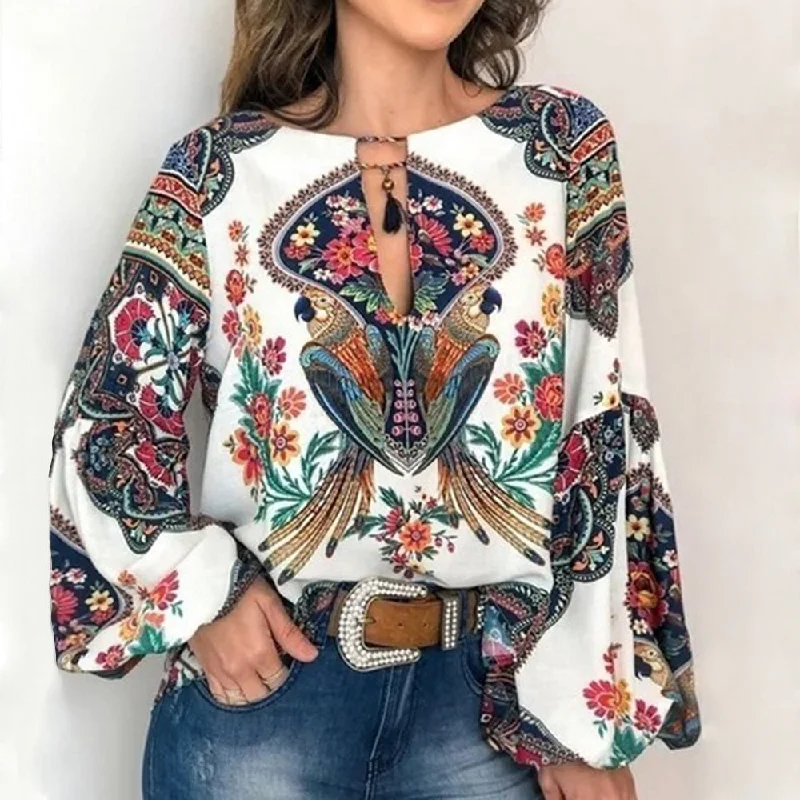 MoneRiff 2019 Casual Vintage Shirt Blouse Women Printed Lantern Sleeve Plus Size Womens Tops Loose V Neck Blusas Mujer De Moda Elegant Draped Short Shirt MoneRiff 2019 Casual Vintage Shirt Blouse Women Printed Lantern Sleeve Plus Size Womens Tops Loose V Neck Blusas Mujer De Moda Elegant Draped Short Shirt