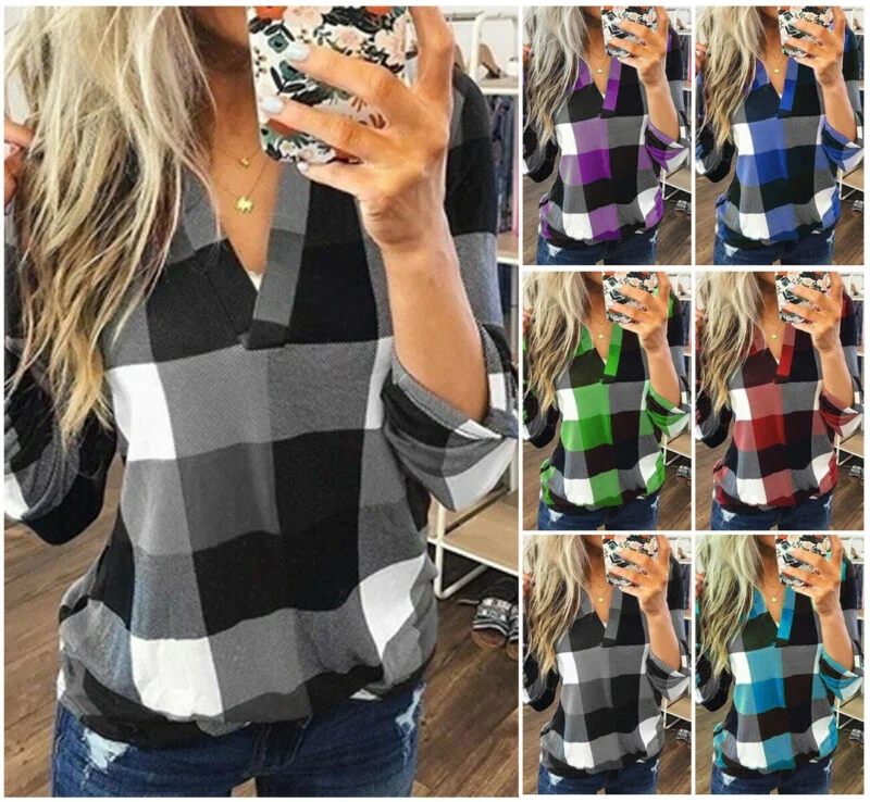 New Women V-Neck Check Lattice Plaid Shirt Tops Long Sleeve Lady Casual Loose Blouse Plus Size S-3XL Casual Plain Short Shirt