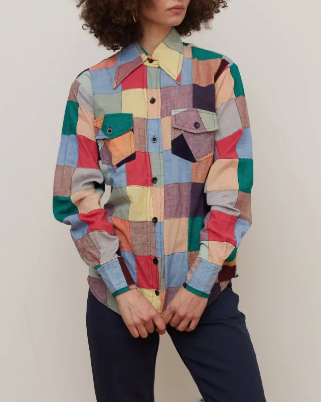 1970's Indian Madras Patchwork Shirt Fashionable Short Sleeve Shirt