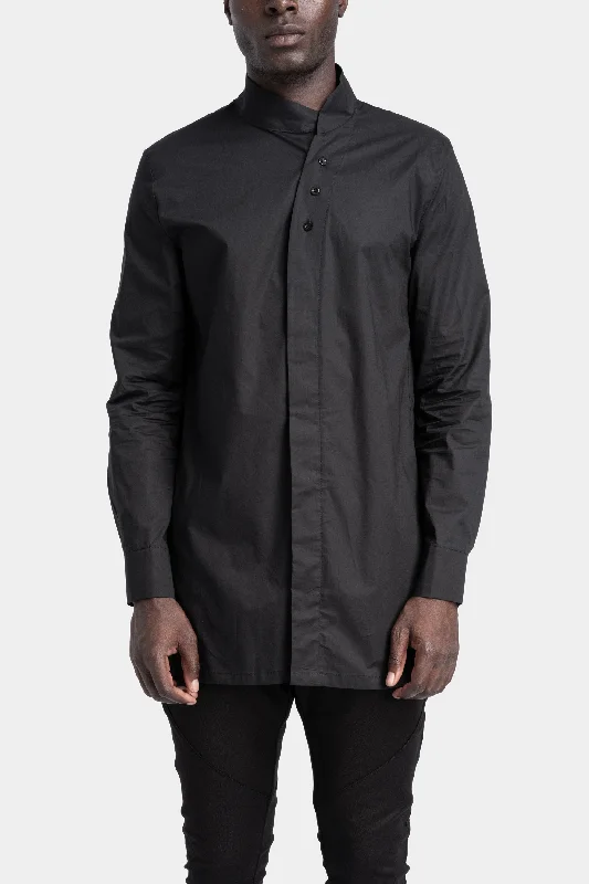 Overlap collar shirt, Black Comfortable Fitted Short Sleeve