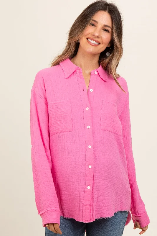 Pink Front Pocket Fringe Hem Button Up Maternity Shirt Soft Flowing Short Shirt