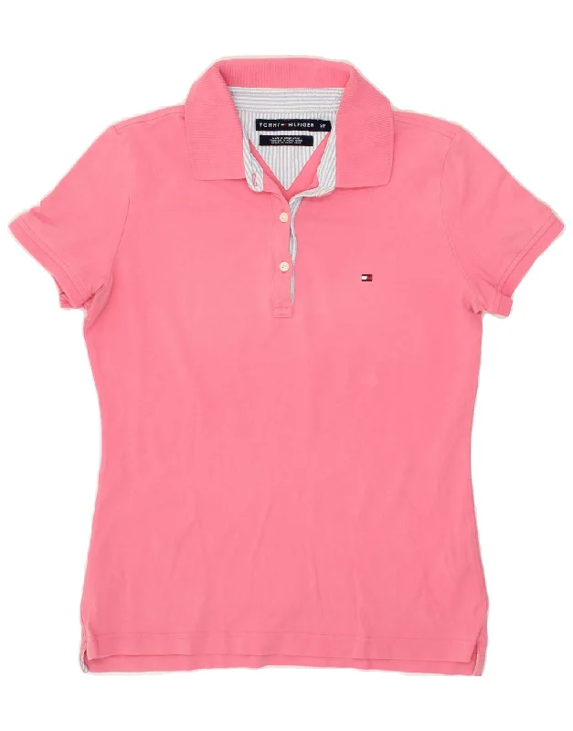 TOMMY HILFIGER Womens Polo Shirt UK 10 Small Pink Cotton Soft Flowing Short Shirt