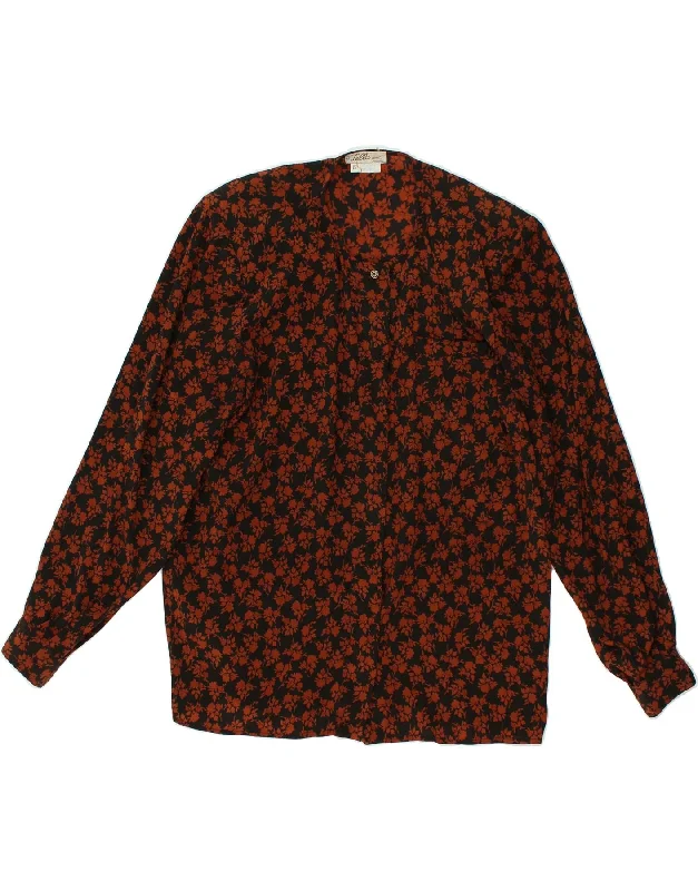 VINTAGE Womens Shirt Blouse IT 42 Medium Brown Floral Acetate Classic V-Neck Short Shirt VINTAGE Womens Shirt Blouse IT 42 Medium Brown Floral Acetate Classic V-Neck Short Shirt