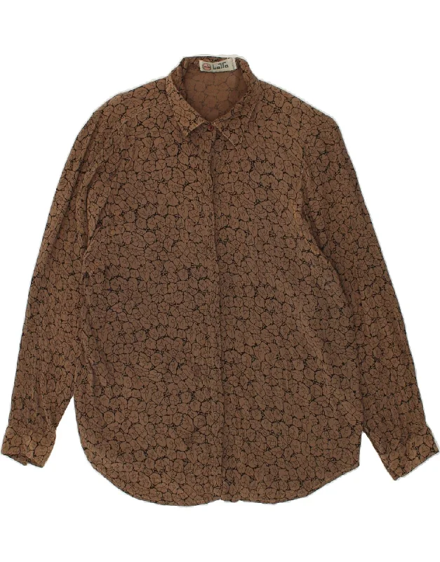 VINTAGE Womens Shirt Blouse IT 46 Large Brown Floral Viscose Elegant Longline Short Shirt VINTAGE Womens Shirt Blouse IT 46 Large Brown Floral Viscose Elegant Longline Short Shirt