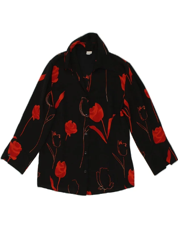 VINTAGE Womens Shirt Blouse UK 14 Medium Black Floral Polyester Classic Cropped Short Sleeve VINTAGE Womens Shirt Blouse UK 14 Medium Black Floral Polyester Classic Cropped Short Sleeve