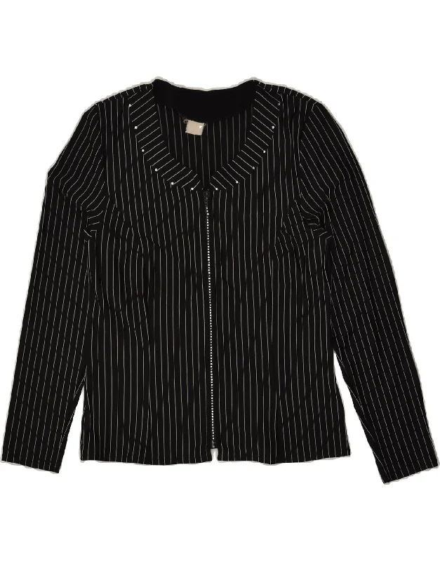VINTAGE Womens Shirt Blouse UK12 Medium Black Pinstripe Elegant High-Low Short Shirt