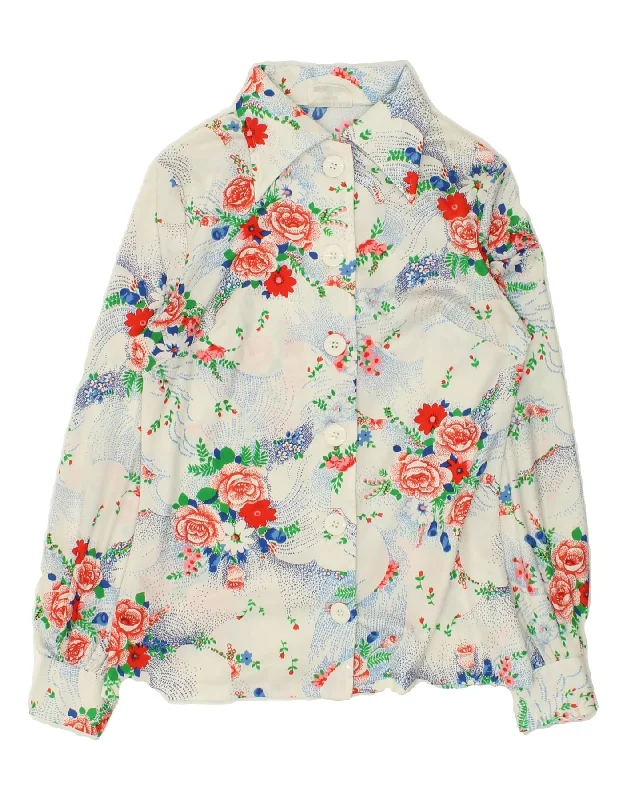 VINTAGE Womens Shirt EU 38 Medium White Floral Polyester Stylish Casual Short Tee
